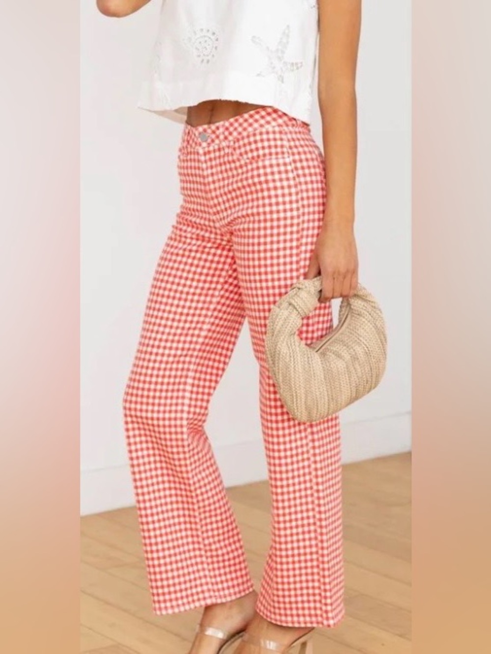 Just Red and White Gingham Wide-Leg Jeans